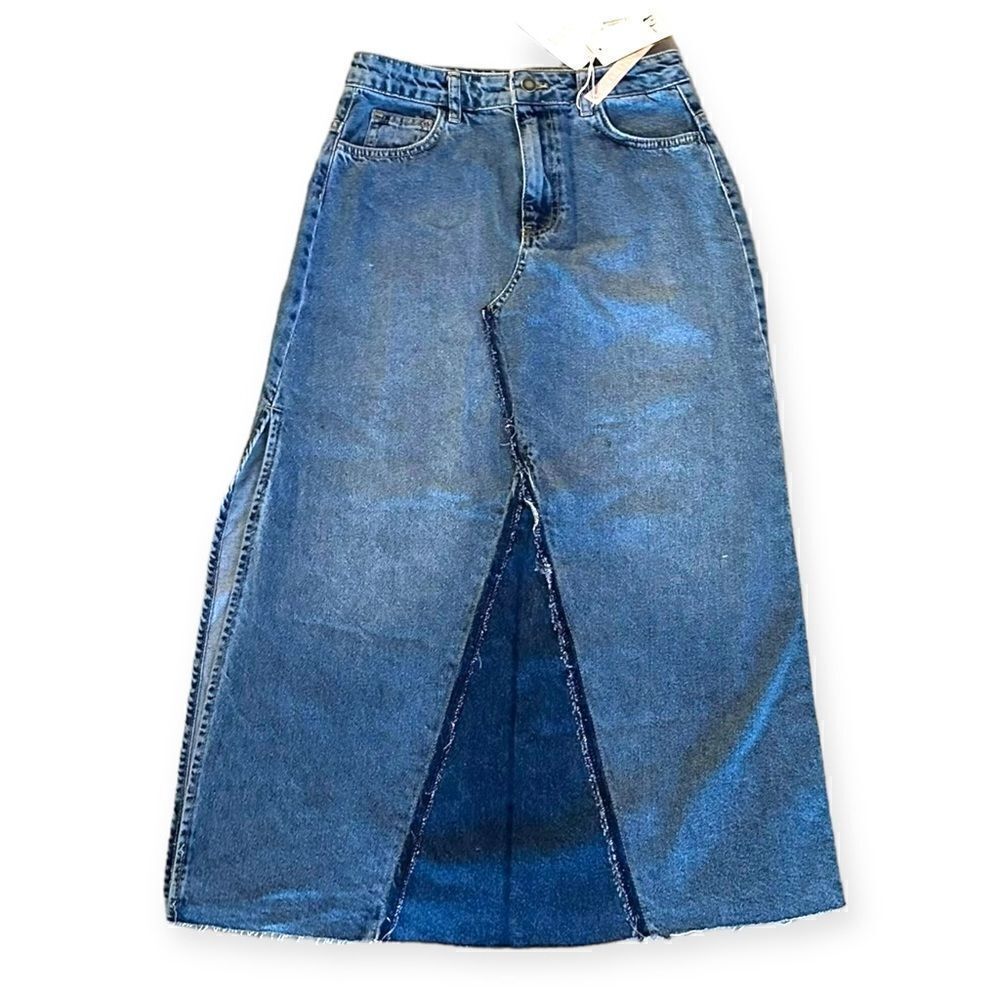 Stradivarius Blue Long Denim Skirt With Slit Size 4 NWT Maxi Jean Skirt Inditex - Picture 2 of 6